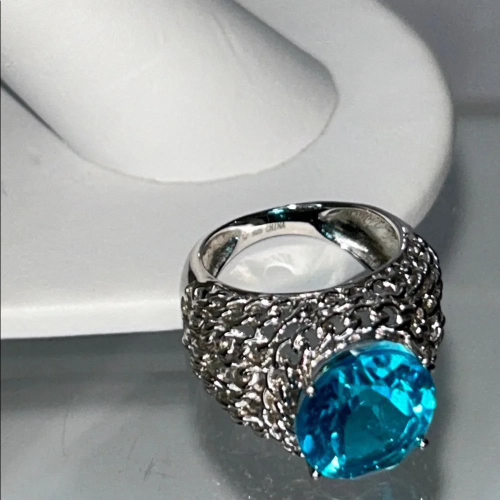 NWOT Sterling Silver Genuine Neon Blue Topaz Gemstone Designer Ring Bohemian